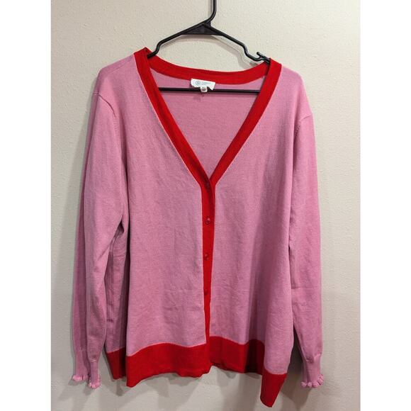 Pink v-neck varsity style cardigan pink w/red trim by Candace Cameron Brue, XL - Picture 1 of 8